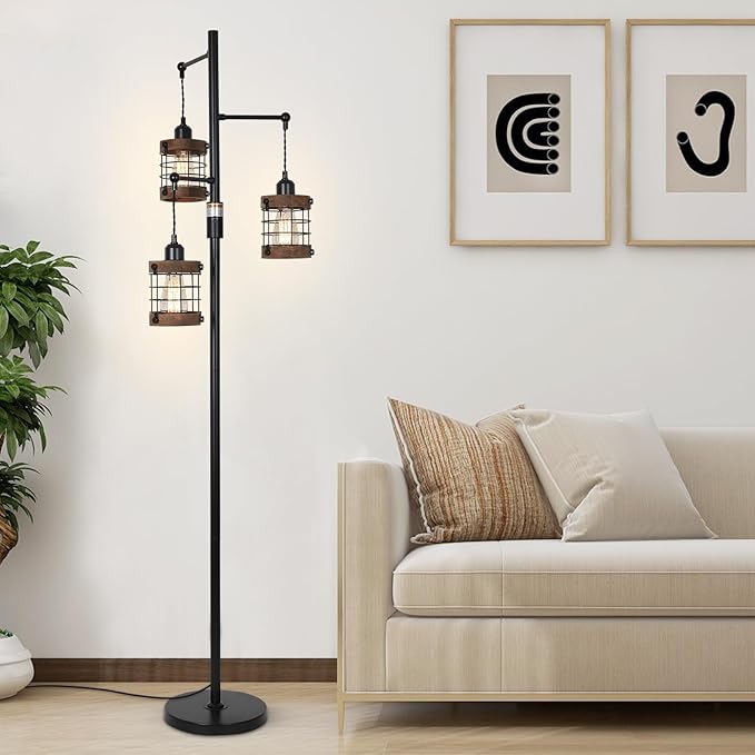 Airposta Dimmable Floor Lamps for Living Room, 3-Light Industrial Floor Lamp with Wood & Metal Cage, Farmhouse Standing Lamp Tall Tree Lamp for Bedroom Office, Rustic Black Tall Floor Lamp for Corner