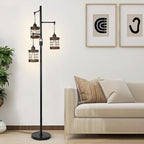 Airposta Dimmable Floor Lamps for Living Room, 3-Light Industrial Floor Lamp with Wood & Metal Cage, Farmhouse Standing Lamp Tall Tree Lamp for Bedroom Office, Rustic Black Tall Floor Lamp for Corner