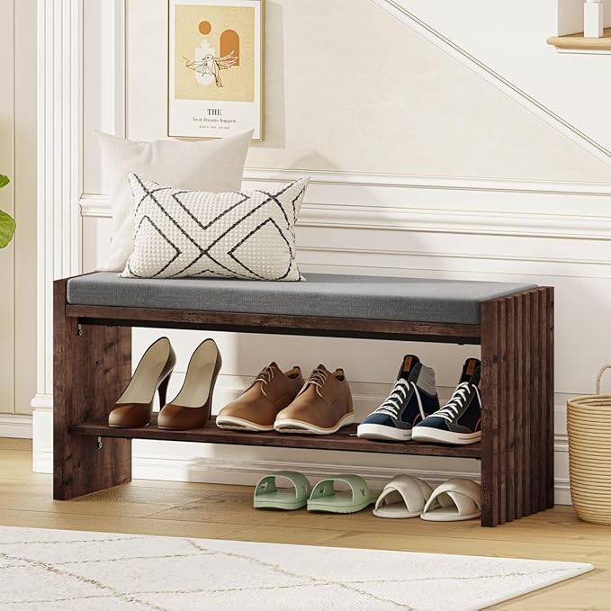 BON AUGURE 40" Storage Bench with Plush Cushion & 2-Tier Organizer, Modern Entryway Ottoman Bench for Hallway, Mudroom, Bedroom (Rustic Oak)