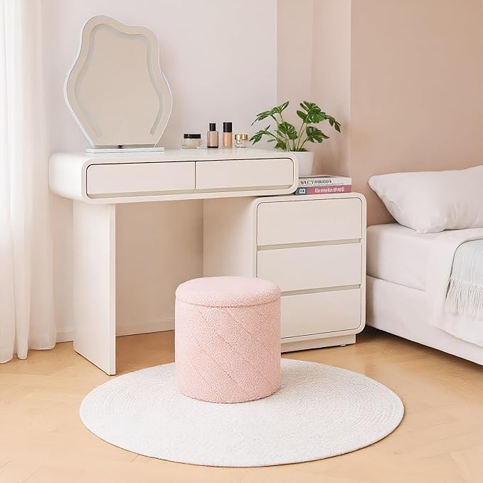 13" Foldable Boucle Round Storage Ottoman,Space-Saving Footrest/Seating/Coffee Table for Small Apartments,Dorms & Bedrooms-Pink