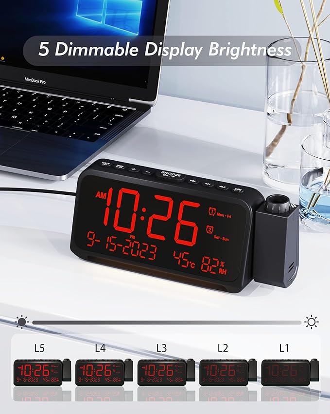 Roxicosly Projection Alarm Clock for Bedroom Ceiling, 118 dB Super Loud for Heavy Sleepers, 6.7" Large Digital Dimmable Display with Day Date Indoor Temp Humidity, Dual Alarms Adjustable Volume