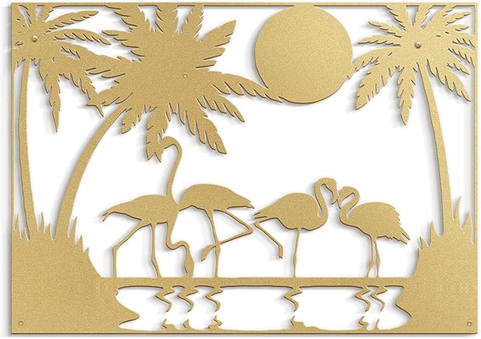 SIGNLEADER Metal Wall Art Moonlit Flamingos and Palm TreesDecor Modern Abstract Wall Sculpture Hangings Home Decoration for Living Room, Bedroom, Bathroom, Kitchen, Outdoor - 30" Gold
