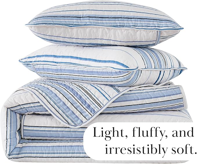 Southshore Fine Living, Inc. Twin/XL Quilt Bedding Set, Dorm Bedding Essentials, Stain Resistant, Machine Washable Striped Bedspread, Twin XL Comforter Set w/Pillow Sham, Blue Striped