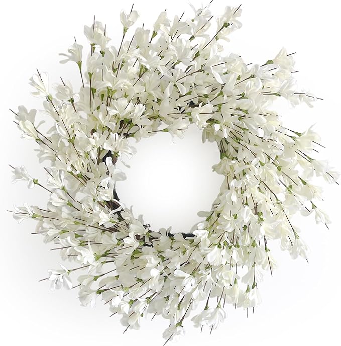 Spring Wreath for Front Door, 24 Inch White Cream Forsythia Spring Wreath Blossom Cluster Flower Farmhouse on Grapevine for Festival Celebration Front Door Wall Window Hanging Décor