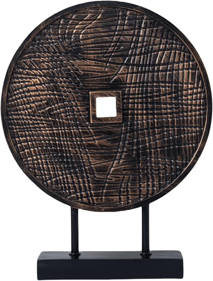 Unique Round Coin Sculpture Decorative Objects for Shelf Home Decor Accents, Modern Abstract Tabletop Decor Items for Living Room Fireplace Mantel, Above Cabinet (Black)