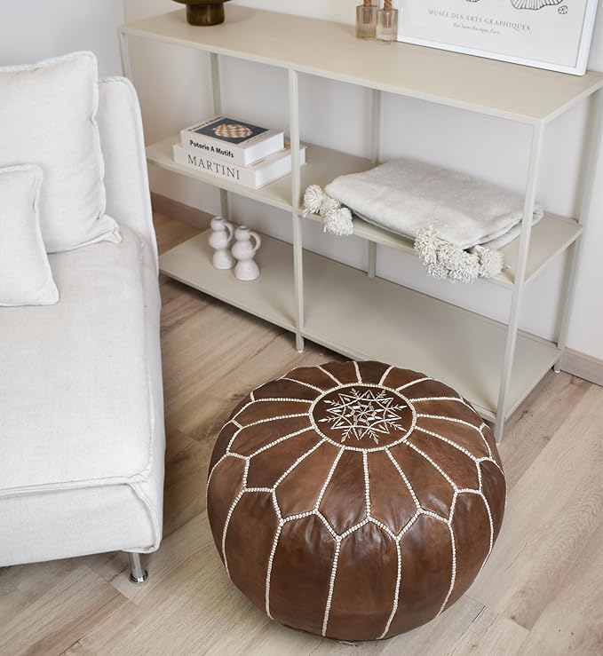 Poufs&Pillows Premium Moroccan Leather Pouf - Handmade - Delivered Stuffed - Ottoman, Footstool, Floor Cushion (Wood Brown)
