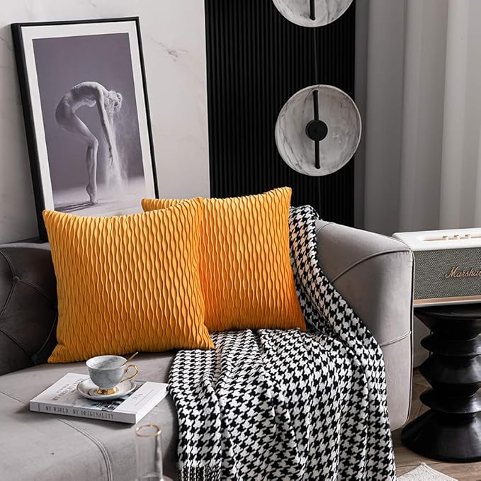 Fall Golden Yellow Couch Pillow Covers: 2 Pack 20x20 Inch Original Striped Velvet Square Throw Pillow Cases for Farmhouse Home Decor
