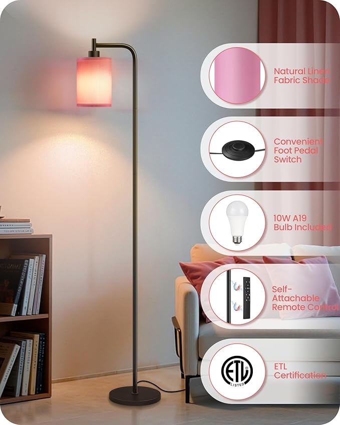 Dimmable Floor Lamp for Living Room with Remote and Foot Switch, Modern Standing, Corner Lamp,10W Bulb 3 Color Temperatures, for Bedroom, Office, Corner, ETL Listed, Black and Pink P19LD05