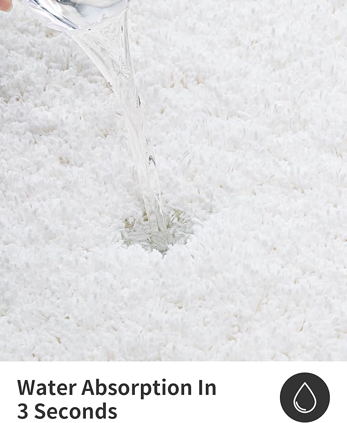 ILANGO White Bathroom Rugs 36" × 24" Non Slip & Super Absorbent Extra Thick Soft, Washable Bath Mat for Floor, Non Shedding Microfiber Plush Shaggy Bath Rug with Rubber for Bathtub Shower Room Sink