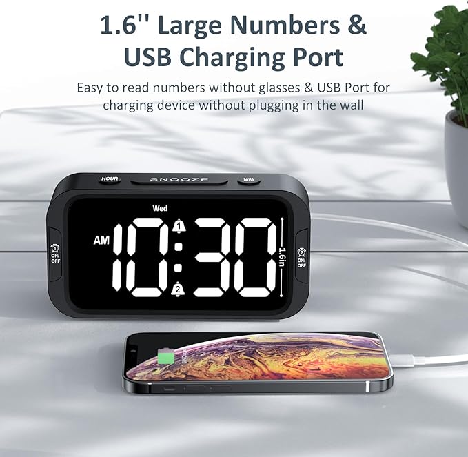 Digital Dual Alarm Clock for Bedroom, Easy to Set, 0-100% Dimmer, USB Charger, 5 Sounds Adjustable Volume, Weekday/Weekend Mode, Snooze, 12/24Hr, Battery Backup, Compact Clock for Bedside