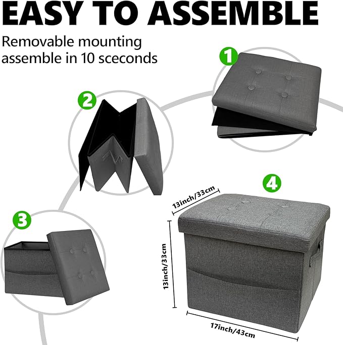 ALASDO Storage Ottoman Footrest Stool Small Ottoman with Storage Foldable Ottomans Foot Rest Footstool Bench for Living Room 17x13x13inches Grey