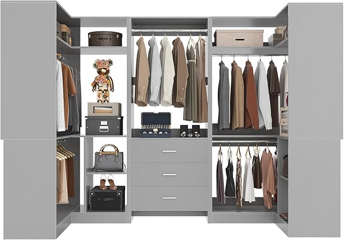 Aheaplus Closet System with 3 Drawers, 5 Hanging Rods & Corner Tower, Corner Closet System with Hanging, 88.8" U-Shaped Walk-In Wardrobe Organizer, 2000+ lbs Capacity, Set of 3,Grey