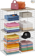 2 Pack Closet Shelf Organizer, Closet Organizers and Storage Shelves With Adjustable Dividers, Stackable Storage Bins Baskets For Clothes Sweaters Jeans Jackets, With Wooden Board, 8 Compartments