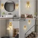 Crystal Brass Dome Wall Sconce - Luxury Brushed Lighting Fixture with K9 Crystals Cloche - Dimmable Indoor Hanging Light - Modern Gold Sconces for Bathroom Bedroom Living Room Stair Hallway