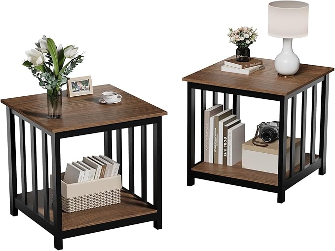 Treocho End Tables Living Room Set of 2, 24 Inch Square Side Table with 2-Tier Storage Shelf, Modern Nightstand for Living Room, Bedroom, Office, Walnut