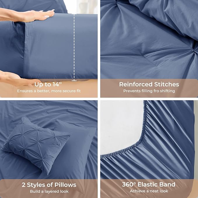 Sasttie Full Size Comforter Set, 7-Piece Bed in a Bag, Pintuck Bedding Set for All Season, Includes Comforter, Flat Sheet, Fitted Sheet, Pillowcases and Pillowshams, Slate Blue