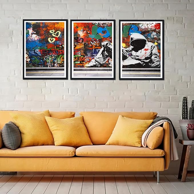 Novatique Banksy Graffiti Wall Art Abstract Poster Print Wall Decor Graffiti Picture for Bedroom Living Room Framed Ready to Hang,16" x 24" x 3pcs