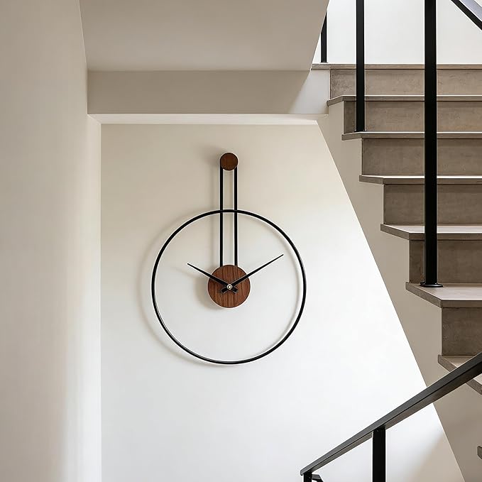 Modern Minimalist Wall Clock, Black Metal Ring and Wooden Face, Natural Style Silent Non-Ticking for Living Room, Bedroom, Office Decor, 17.7"x24.4"