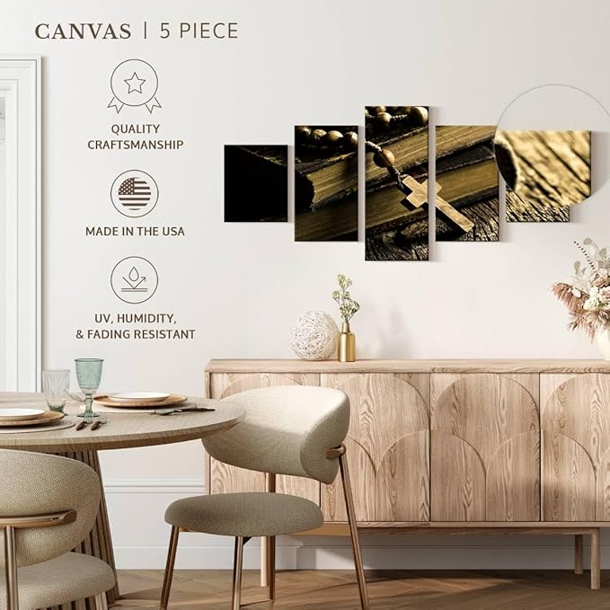Elephant Stock Bible And Cross Wall Art Multi Piece Canvas - 5 Panel Christian Pictures Decor - Digital Design Canvas Print - Christian Wall Decor - 29" X 12"