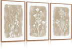 CHDITB Botanical Farmhouse Wall Art Set, Framed Boho Plant Wall Decor, Neutral Minimalist Floral Wall Painting, Rustic Wildflower Canvas Art Prints for Living Room, Bedroom, Bathroom - Large 16"x24"x3