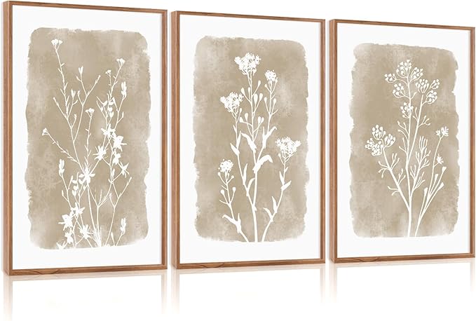 CHDITB Botanical Farmhouse Wall Art Set, Framed Boho Plant Wall Decor, Neutral Minimalist Floral Wall Painting, Rustic Wildflower Canvas Art Prints for Living Room, Bedroom, Bathroom - Large 16"x24"x3