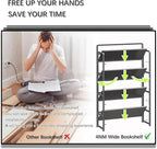 4NM No Assembly Extra Wide 4 Tiers Folding Bookshelf Storage Shelves Vintage Bookcase Standing Racks Study Organizer Home Office (All Black)