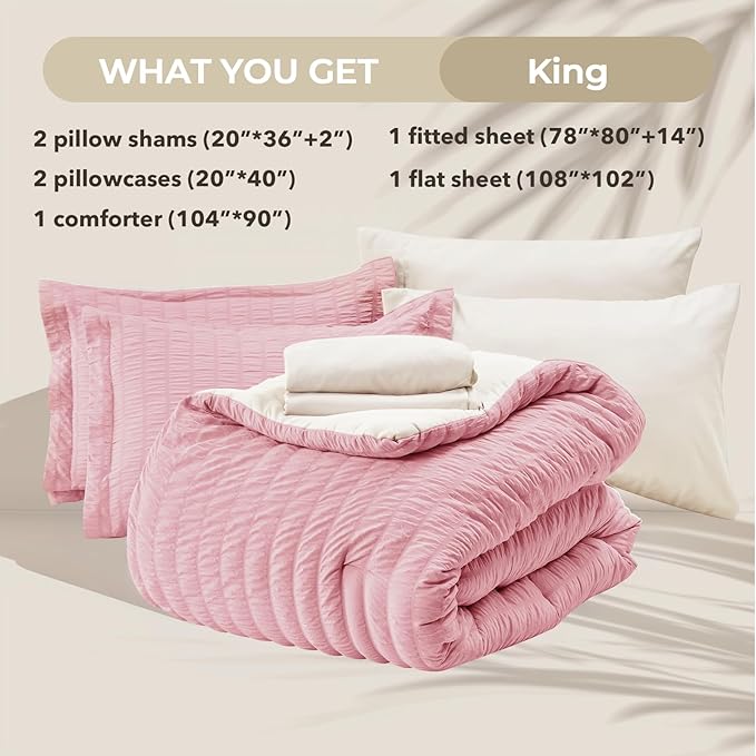 HYMOKEGE Pink/Ivory King Size Comforter Set Seersucker 7 Pieces, All Season Luxury Bed in a Bag for Bedroom, Bedding Set with Comforter, Sheets, Pillowcases & Shams