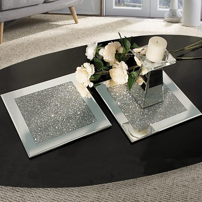GIMORRTO Glass Mirrored Coaster 2 PC, Crushed Diamond Square Cup Mat 10" Decor on Tabletop for Bar Tools Dining Table