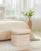 B FSOBEIIALEO Storage Ottoman for Dorm Room, Boucle Folding Storage Ottoman Foot Rest, 16.14 Inches Small Collapsible Ottoman Cube for Living Room Beige