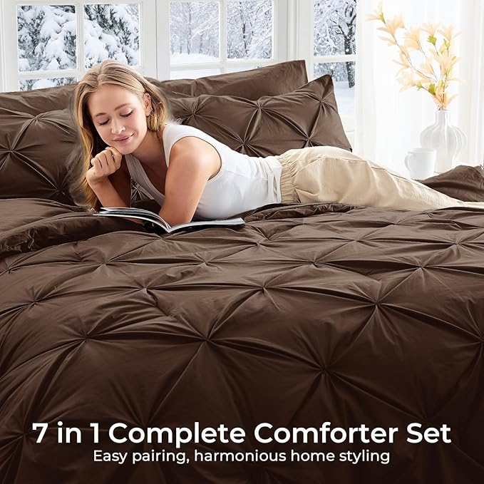 Sasttie King Size Comforter Set, 7-Piece Bed in a Bag, Pintuck Bedding Set for All Season, Includes Comforter, Flat Sheet, Fitted Sheet, Pillowcases and Pillowshams, Dark Brown