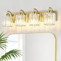 4-Lights Brushed Brass Bathroom Light Fixture Gold Vanity Lights Modern Crystal Bathroom Vanity Lighting Over Mirror Wall Sconce with K9 Crystal Shade E26 Base for Living Room, Bedroom Wall Lamp
