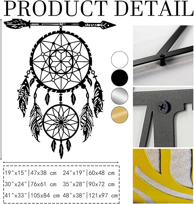 YDONVTI Dream Catcher Metal Wall Decor, Large Dream Catcher Wall Art, Metal Boho Wall Art, Feather Arrow Decoration, Native American Decor, for Bedroom(Silver, 48" L x 38" W/121x97cm)