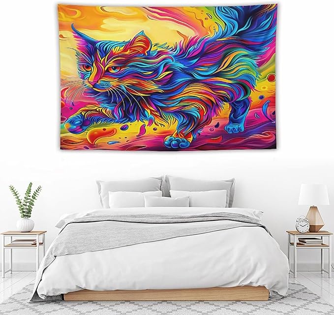 VUMIVI Colorful Cat Tapestry Pet Oil Painting Print Rainbow Colorful Abstract Art Pattern Tapestry Wall Hanging for Living Room Bedroom Dorm Classroom Aesthetic Decor W60xL40in