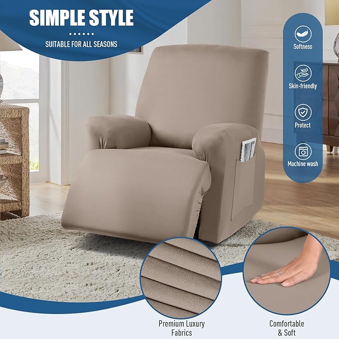 TAOCOCO Recliner Chair Covers 4-Pieces for Oversized Recliner, Stretch Recliner Slipcover for Large Recliners Washable Polyester Soft Fabric Furniture Protector (Oversized Recliner, Khaki)