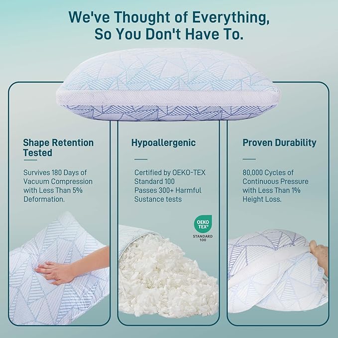 Shredded Memory Foam Cooling Soft Bamboo Viscose Pillows Adjustable Hypoallergenic Hotel Quality Pillows for Stomach, Back or Side Sleeper, Oeko-TEX Certified Queen Size Set of 2