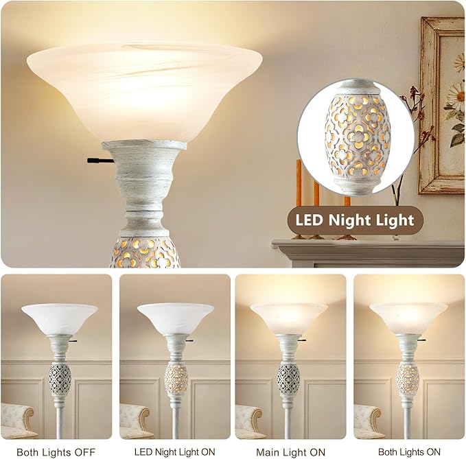 Luvkczc 70" Torchiere Floor Lamp with NightLight - Floor Lamps for Living Room, Bedroom, Office - Vintage Floor lamp with Rotary Switch & Etched Glass Shade, Home Decor, Bulb Included