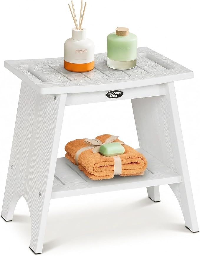 Shower Benches for Inside Shower to Sit On, Shower Stool for Shaving Legs, 500lbs Shower Chair with Space-Efficient Storage Shelf, Waterproof Shower Seat for Spa Bathroom, Indoor or Outdoor 18”x17”