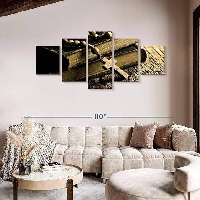 Elephant Stock Bible And Cross Wall Art Multi Piece Canvas - 5 Panel Christian Pictures Decor - Digital Design Canvas Print - Christian Wall Decor - 92" X 42"