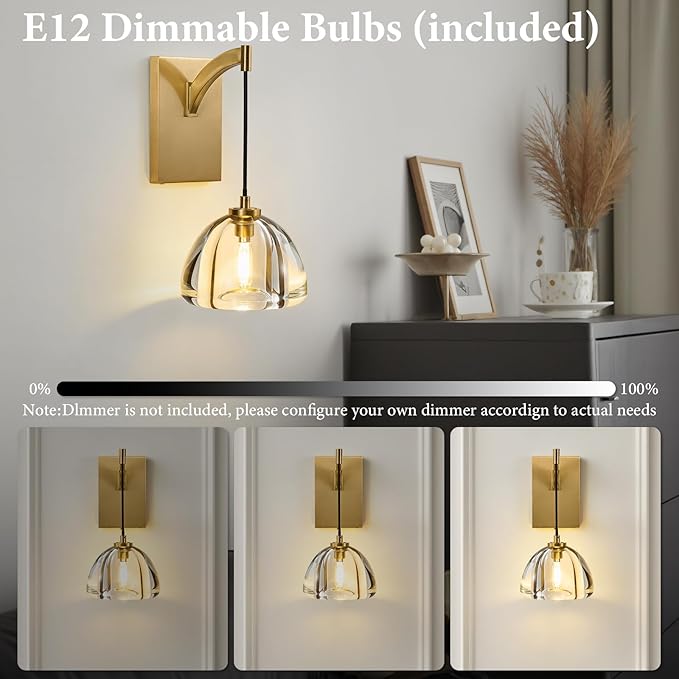 Crystal Brass Dome Wall Sconce - Luxury Brushed Lighting Fixture with K9 Crystals Cloche - Dimmable Indoor Hanging Light - Modern Gold Sconces for Bathroom Bedroom Living Room Stair Hallway