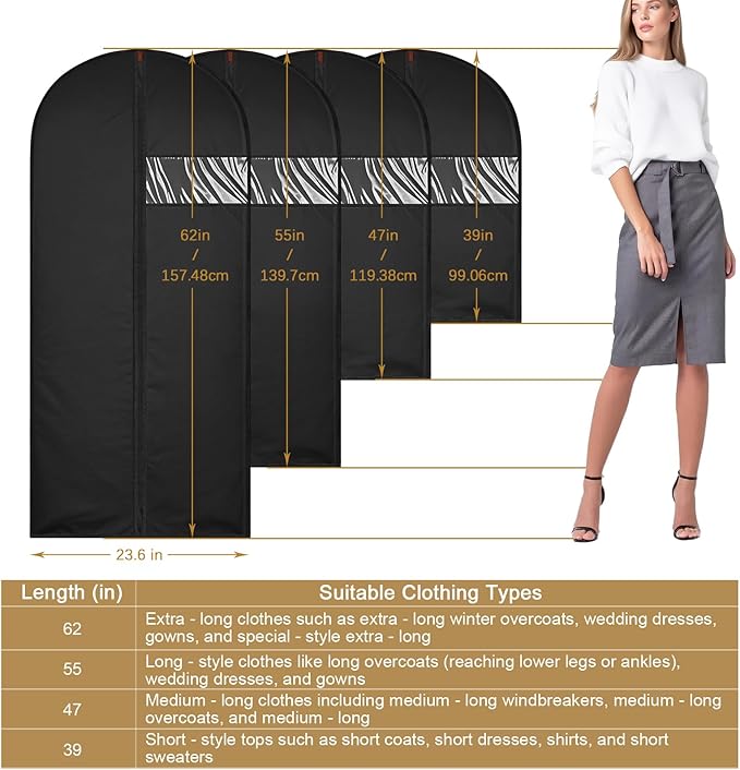 39-Inch Garment Bags Covers,Hanging Clothes Bag, Suit Cover Bags with Clear Window for Hanging Closet Clothes Storage and Travel (Black-39Inch)