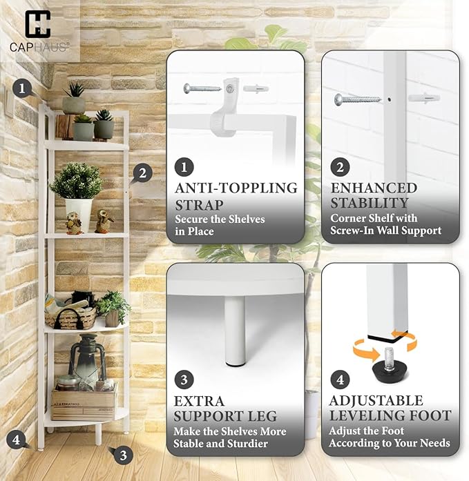 CAPHAUS 4 Tier Corner Shelf, 46.5-Inch Tall Corner Bookshelf, Metal Frame Display Rack, Round Corner Shelf Unit Rack, Small Corner Stand for Bathroom, Living Room, Home, Office, White
