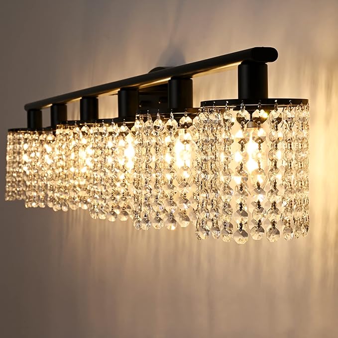 6-Light Bathroom Light Fixtures,Crystal Black Vanity Lights for Bathroom,Modern Bathroom Lights Over Mirror,Modern Black Wall Lights