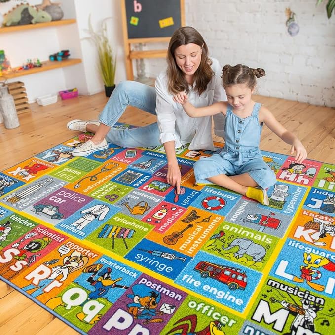 Looney Tunes Educational Kids Rug – ABC Alphabet, Professions & Jobs Matching Game Learning Mat – Interactive Classroom, Playroom & Bedroom Carpet 5x7
