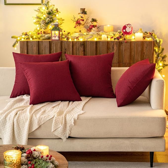 MIULEE Pack of 2 Decorative Outdoor Solid Waterproof Throw Pillow Covers Christmas Faux Linen Garden Farmhouse Cushion Cases for Patio Tent Balcony Couch Sofa 18x18 Inch Wine Red