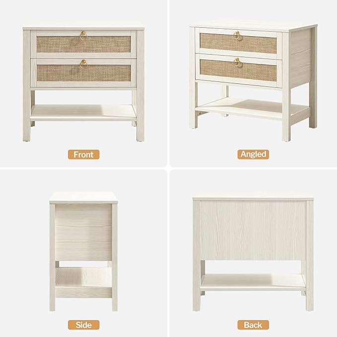 SICOTAS White Night Stand with Drawers and Storage Shelf - Large Nightstands Rattan Decor Boho Bedside Table Narrow Side Table for Bedroom, Small Space