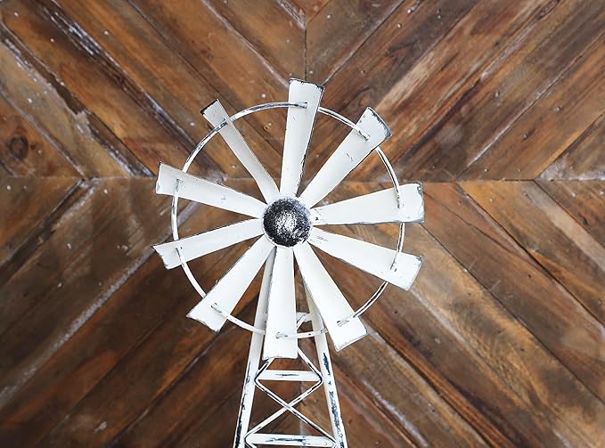Rustic White Farmhouse Windmill Table Decor - Distressed Metal & Wood Windmill for Kitchen, Living Room, Office, or Shelf Decoration