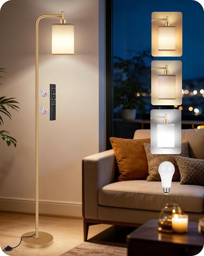 Dimmable Floor Lamp for Living Room with Remote and Foot Switch, Modern Standing, Corner Lamp,10W Bulb 3 Color Temperatures, for Bedroom, Office, Corner, ETL Listed, Gold and White DCW19LD05