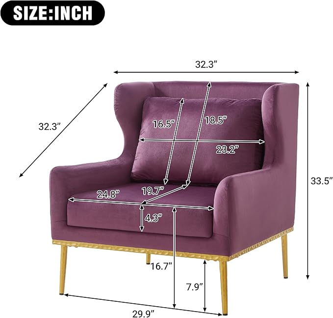Merax Luxury Velvet Accent Chair, Modern Mid-Century Armchair for Living Room, Bedroom Reading Corner, Comfortable Tufted Single Seater Sofa Chair with Iron Legs (Purple)