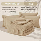 HYMOKEGE Khaki King Size Comforter Set Seersucker 7 Pieces, All Season Luxury Bed in a Bag for Bedroom, Bedding Set with Comforter, Sheets, Pillowcases & Shams
