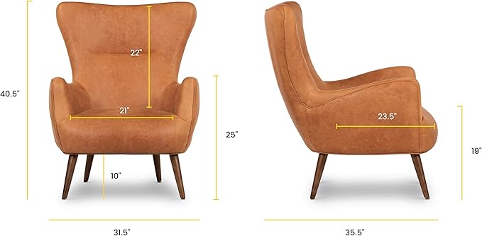 Poly & BARK Aida Leather Lounge Chair Set of 2 – 40.5” Mid-Century Accent Chairs for Living Room or Bedroom – Full-Grain Italian Leather, Feather-Down Comfort, Solid Wood Legs – Cognac Tan